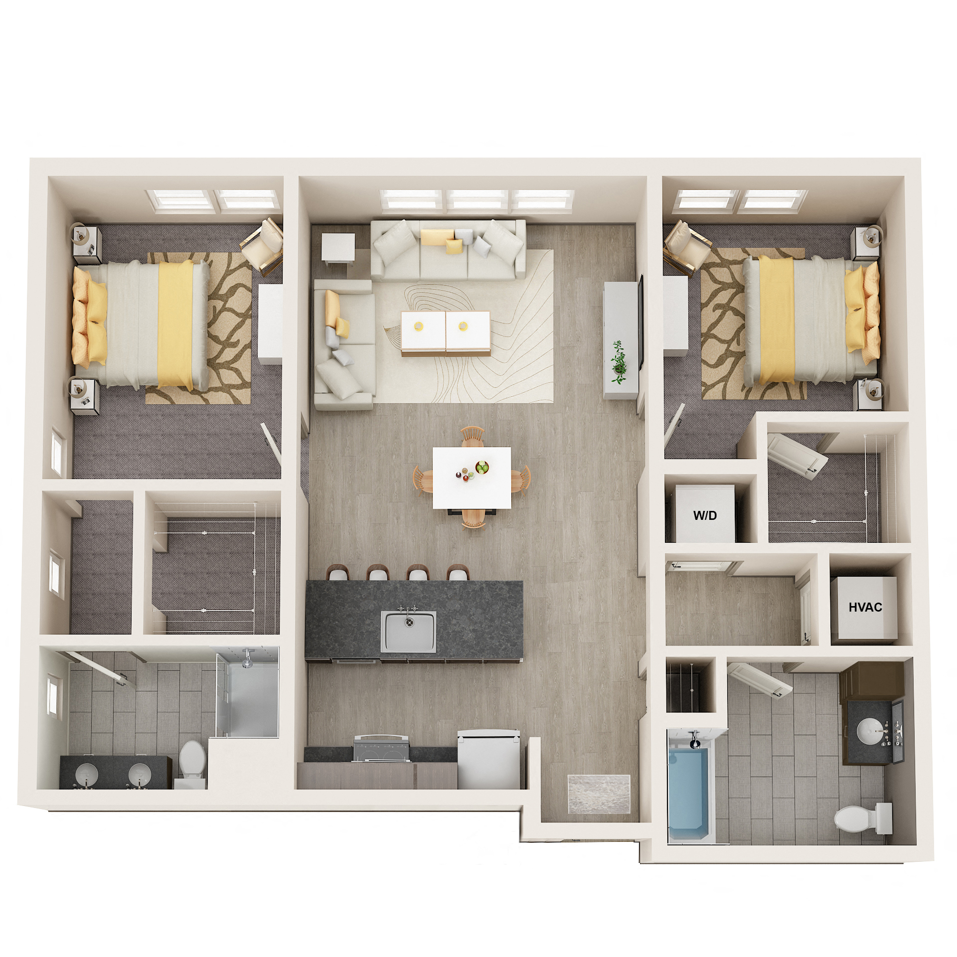 Floor plan for 2 beds, 2 baths, 1136 sqft